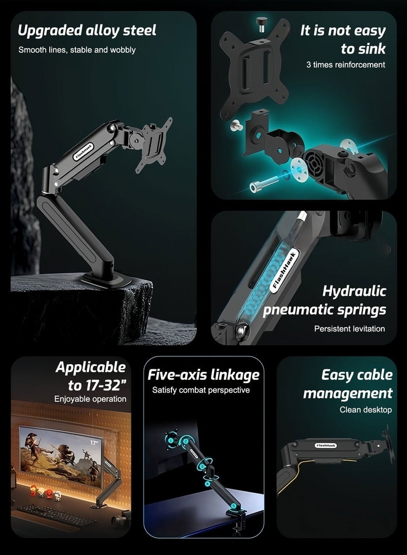 FlashHawk Single Monitor Arm Desk Mount – Gas Spring Stand for 17-32 Inch Screens, Full Motion Height Adjustable, Tilt Swivel Rotate, VESA 75/100mm, 2-9kg Load, Quick Release VESA & Tool-Free Install - Black - Image 2